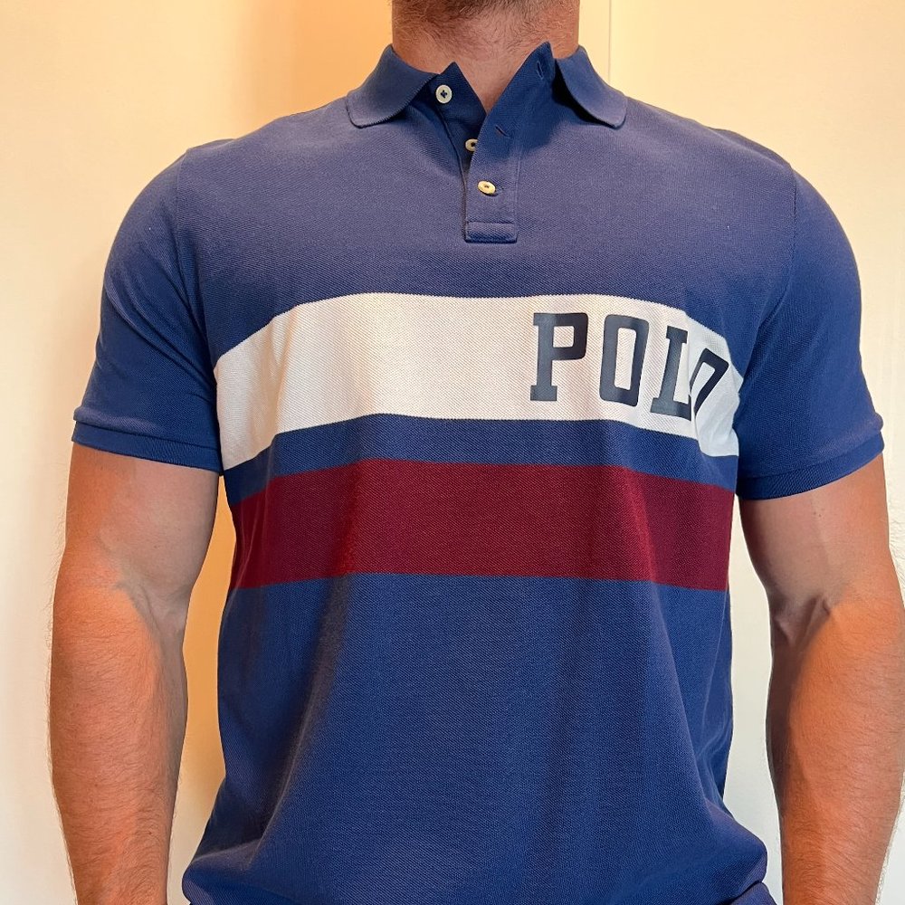 NEW - Polo Ralph Lauren Polo Shirt - Blue with White/Maroon Strip - Size Large